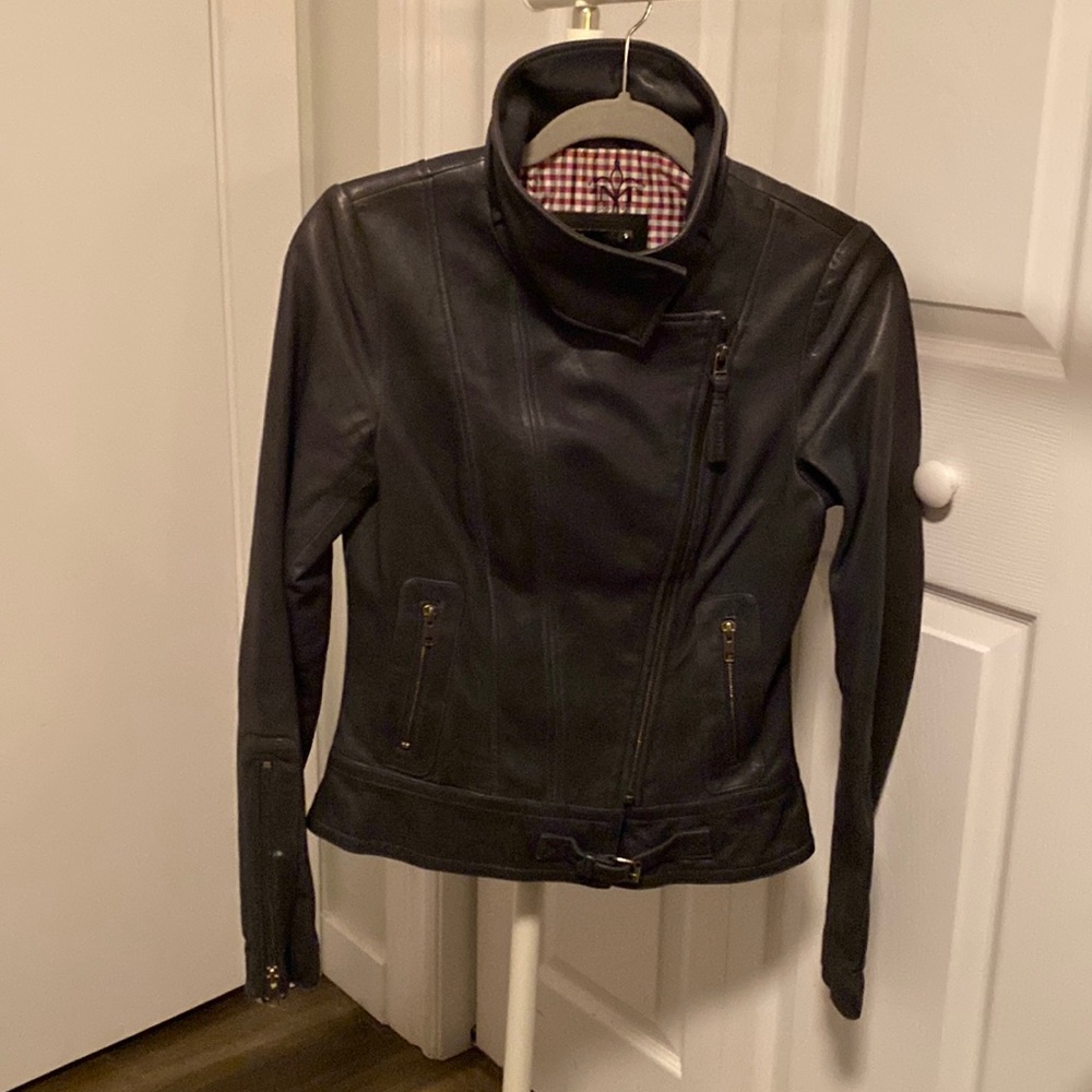 Mackage classic leather jacket in dark navy with diagonal zipper
